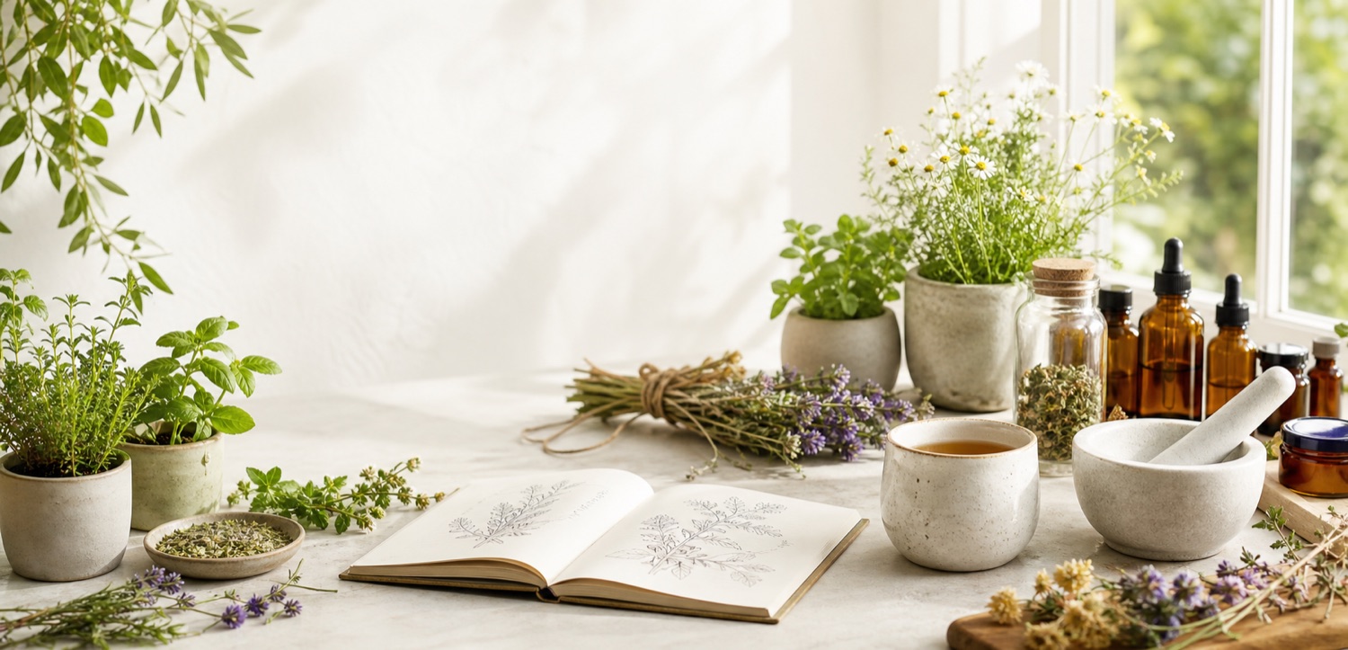 Medicinal herbs, amber bottles, tea, and a botanical notebook on a bright table